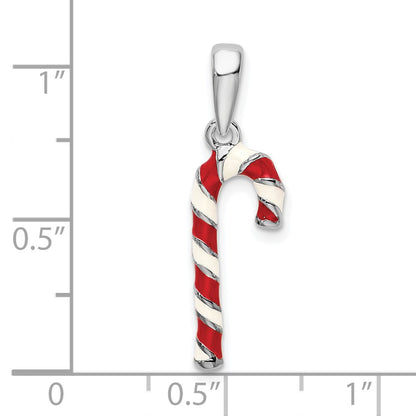 Sterling Silver De-Ani Rhodium-Plated 3D Enameled Candy Cane Pendant