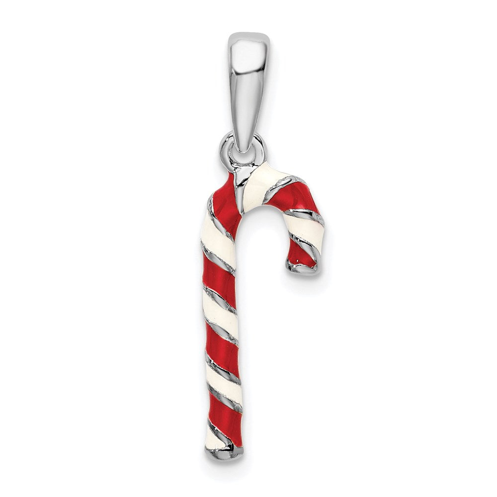 Sterling Silver De-Ani Rhodium-Plated 3D Enameled Candy Cane Pendant