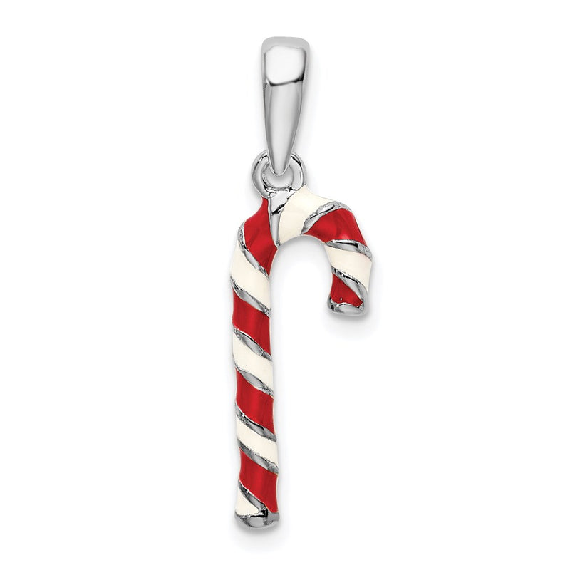 Sterling Silver De-Ani Rhodium-Plated 3D Enameled Candy Cane Pendant