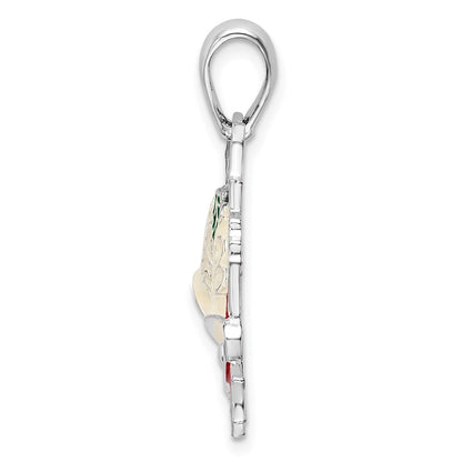 Sterling Silver De-Ani Rhodium-Plated Polished Enameled Bells And Holly Pendant
