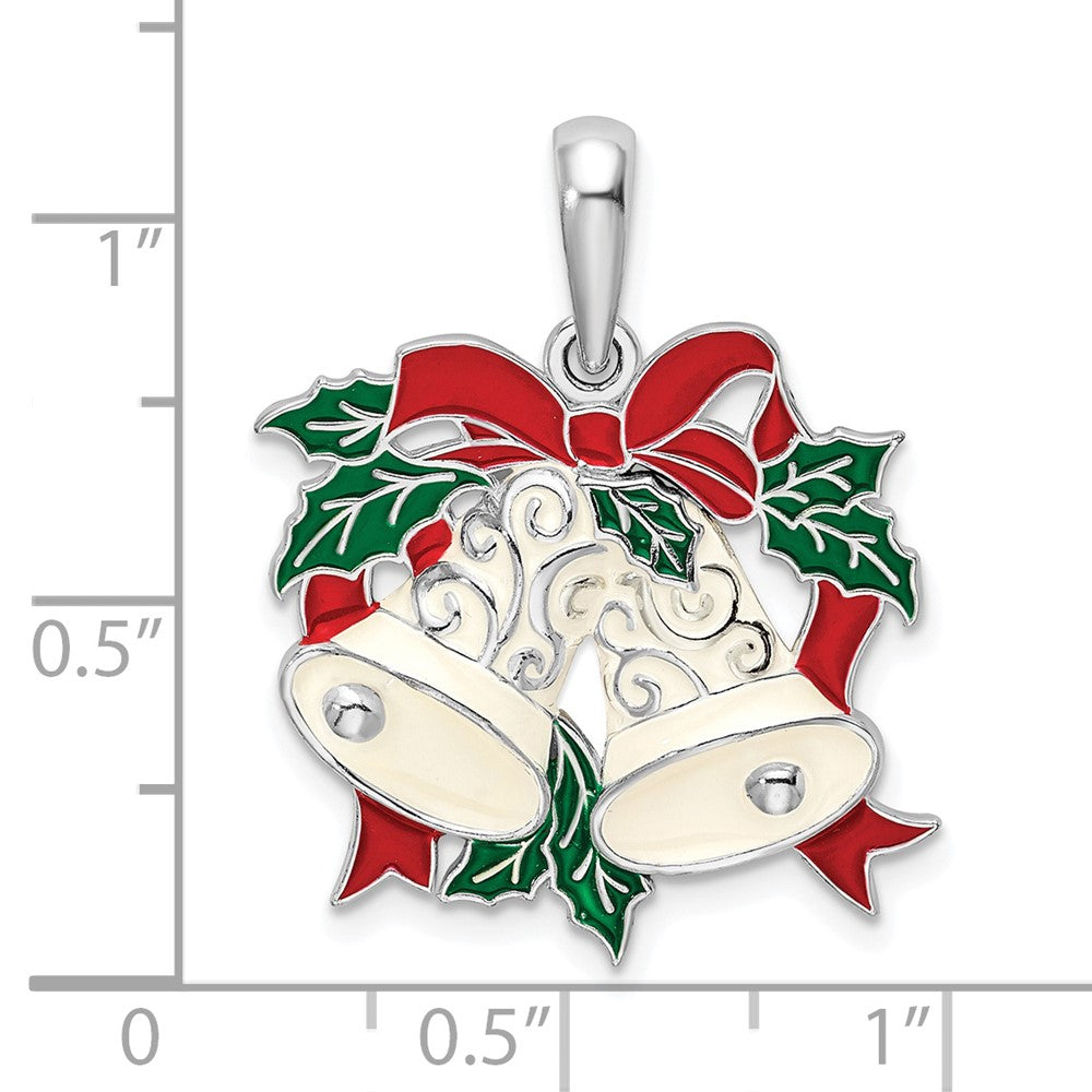 Sterling Silver De-Ani Rhodium-Plated Polished Enameled Bells And Holly Pendant
