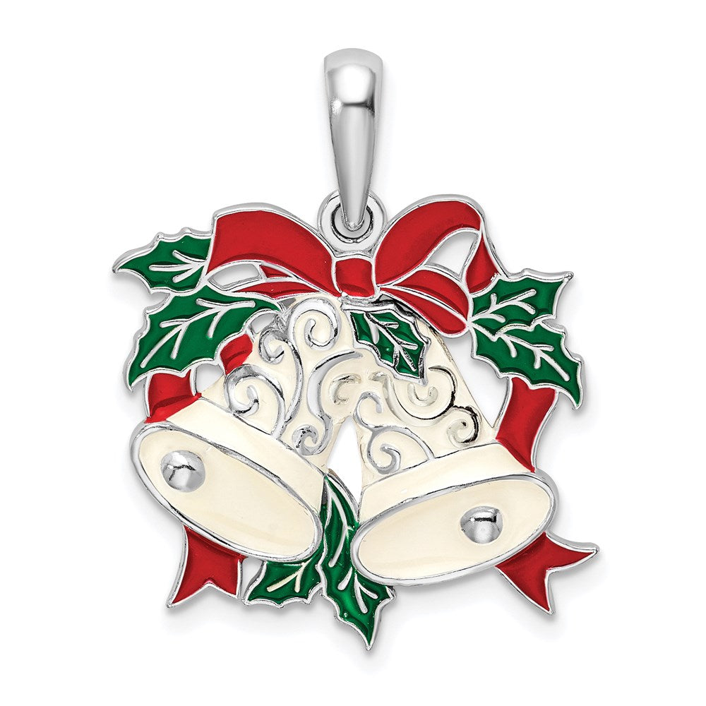 Sterling Silver De-Ani Rhodium-Plated Polished Enameled Bells And Holly Pendant