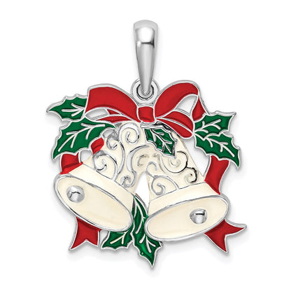 Sterling Silver De-Ani Rhodium-Plated Polished Enameled Bells And Holly Pendant