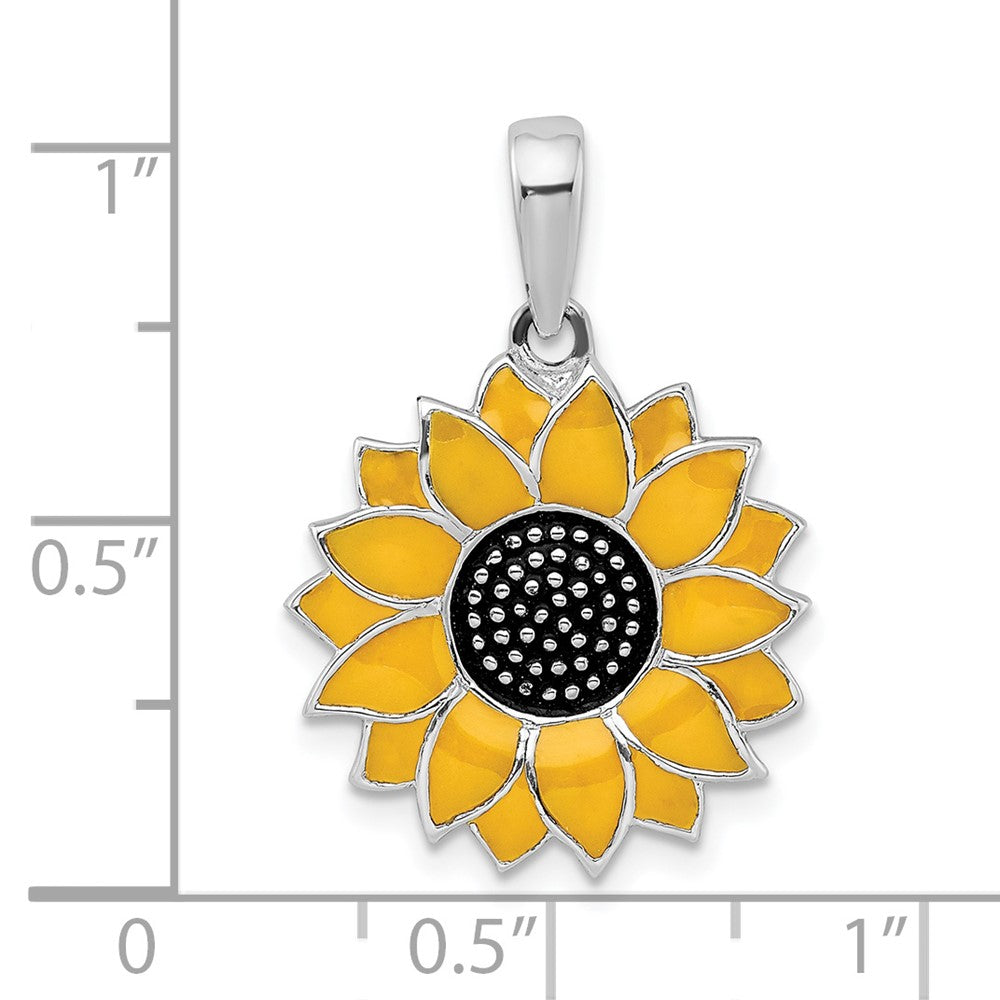 Sterling Silver De-Ani Rhodium-Plated Polished Enameled Sunflower Pendant