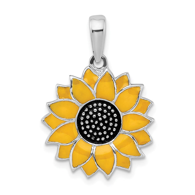 Sterling Silver De-Ani Rhodium-Plated Polished Enameled Sunflower Pendant