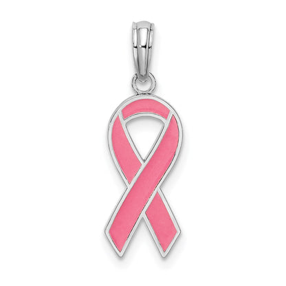 Sterling Silver De-Ani Rhodium-Plated Polished Enameled Pink Ribbon Pendant