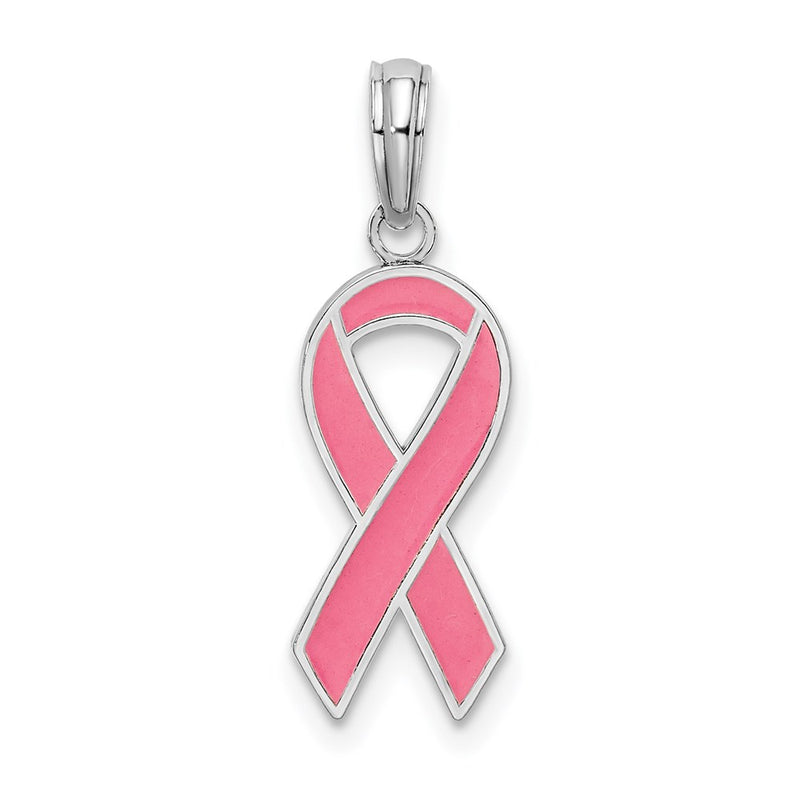 Sterling Silver De-Ani Rhodium-Plated Polished Enameled Pink Ribbon Pendant