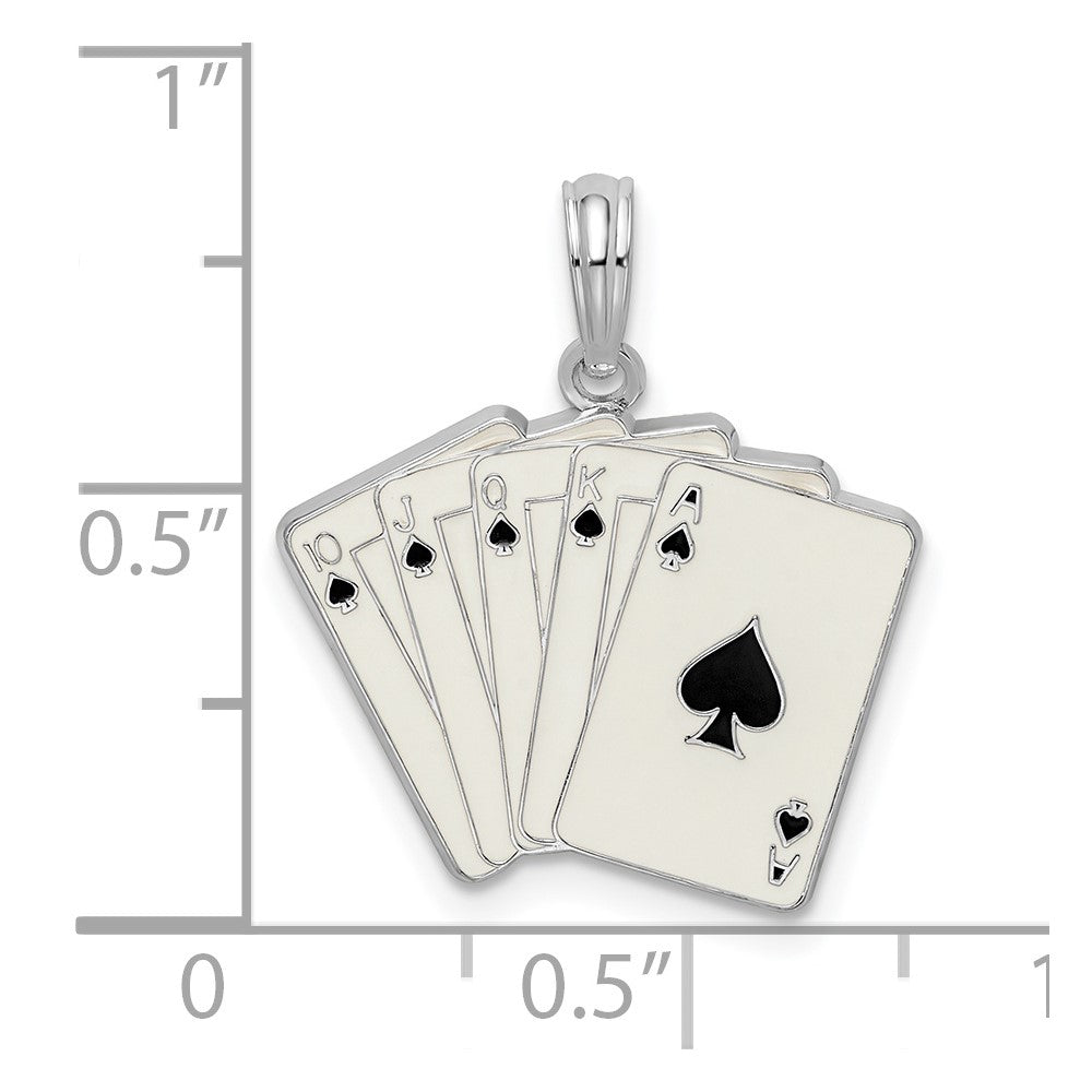 Sterling Silver De-Ani Rhodium-Plated Enameled Cards Royal Flush Pendant