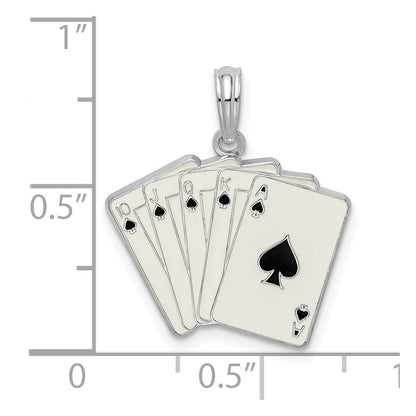 Sterling Silver De-Ani Rhodium-Plated Enameled Cards Royal Flush Pendant