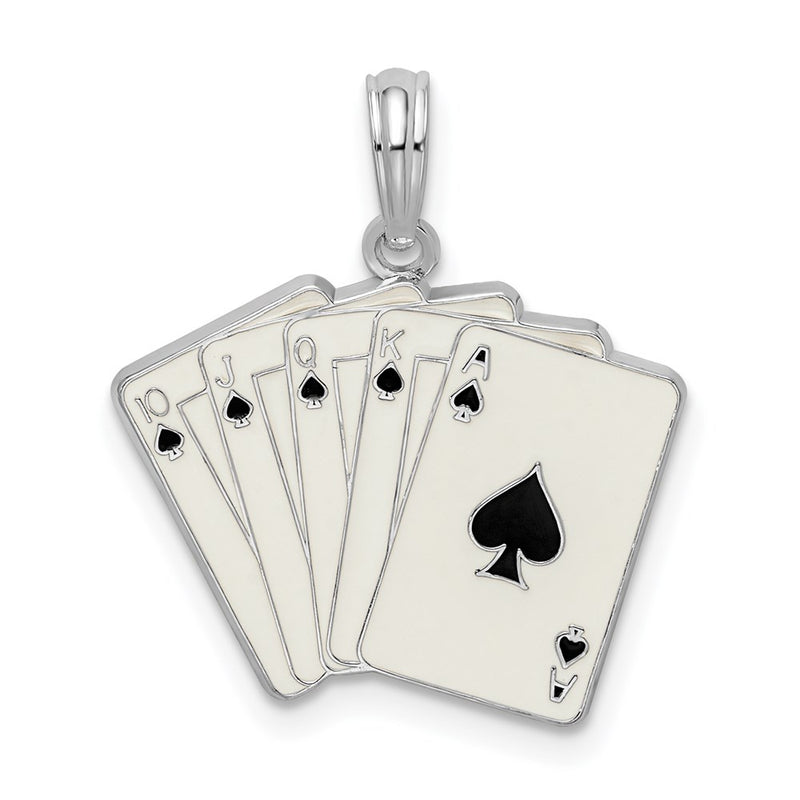 Sterling Silver De-Ani Rhodium-Plated Enameled Cards Royal Flush Pendant