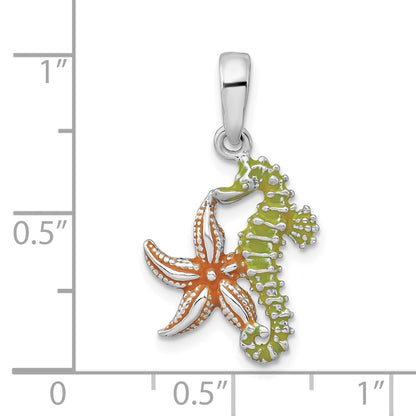 Sterling Silver De-Ani Rhodium-Plated Enameled Starfish And Seahorse Pendant