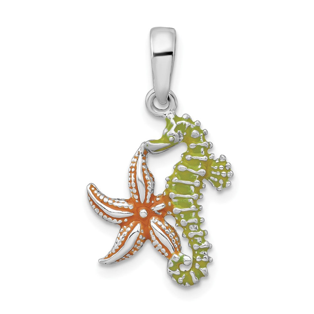 Sterling Silver De-Ani Rhodium-Plated Enameled Starfish And Seahorse Pendant