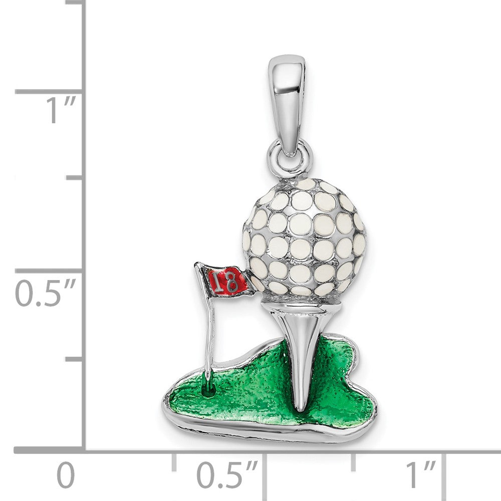 Sterling Silver De-Ani Rhodium-Plated Polished Enameled Golf Ball With Tee Pendant
