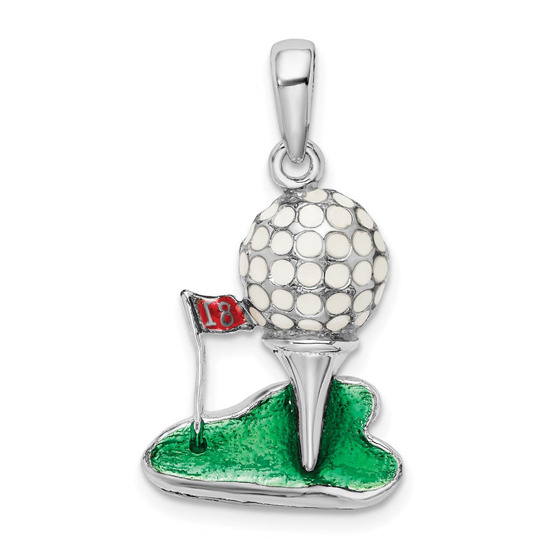 Sterling Silver De-Ani Rhodium-Plated Polished Enameled Golf Ball With Tee Pendant