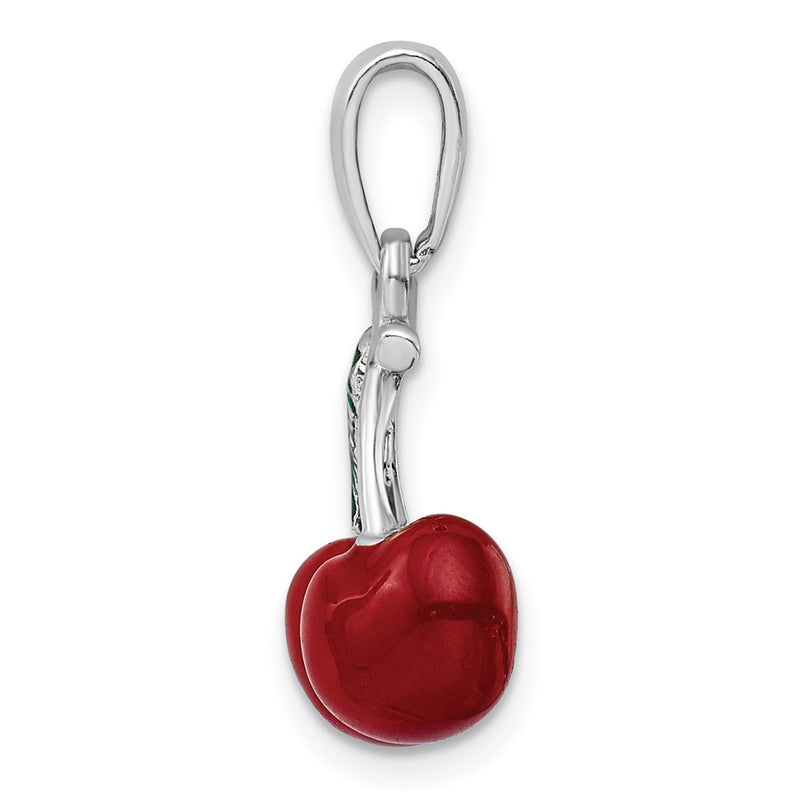 Sterling Silver De-Ani Rhodium-Plated Polished 3D Enameled Cherries Pendant