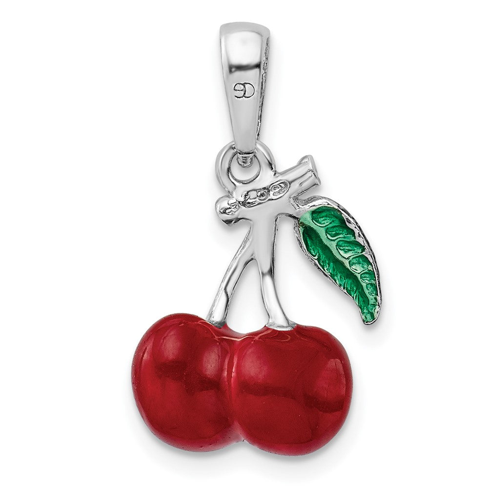 Sterling Silver De-Ani Rhodium-Plated Polished 3D Enameled Cherries Pendant