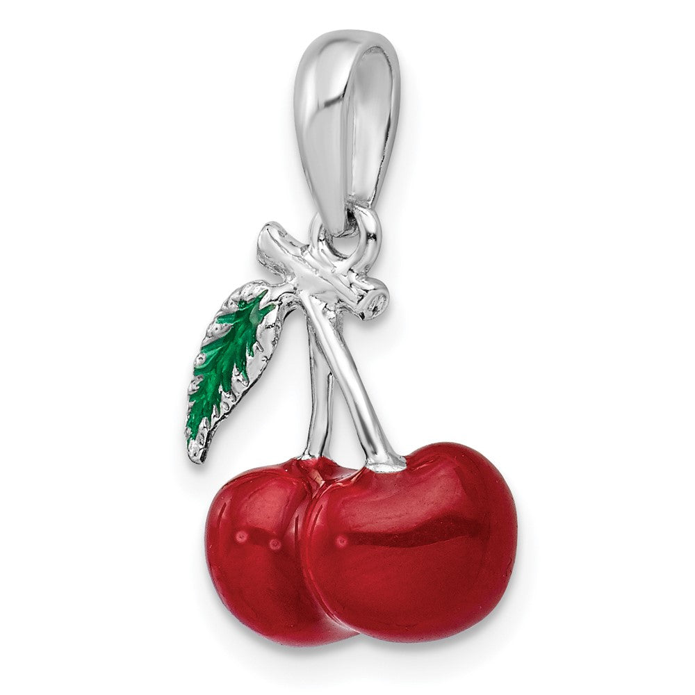 Sterling Silver De-Ani Rhodium-Plated Polished 3D Enameled Cherries Pendant