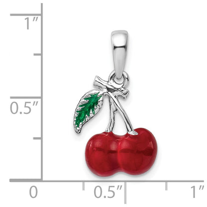 Sterling Silver De-Ani Rhodium-Plated Polished 3D Enameled Cherries Pendant
