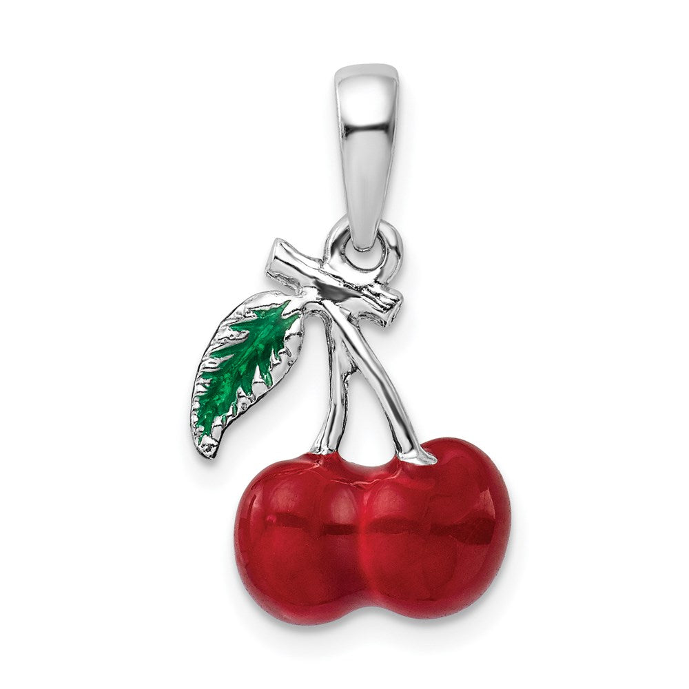 Sterling Silver De-Ani Rhodium-Plated Polished 3D Enameled Cherries Pendant