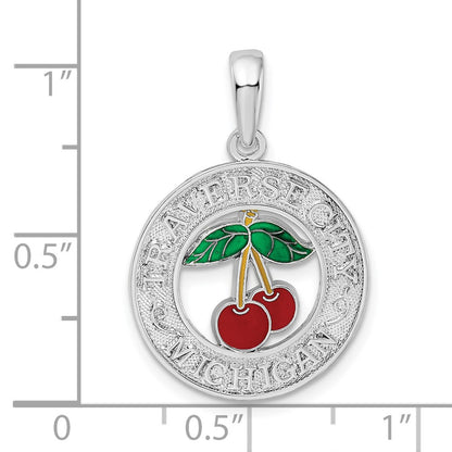 Sterling Silver De-Ani Rhodium-Plated Enameled Traverse City Michigan With Cherry Pendant