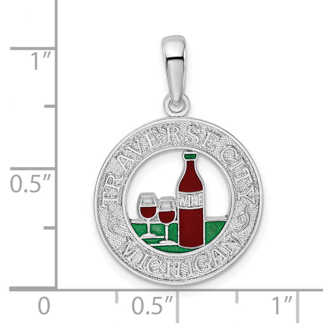 Sterling Silver De-Ani Rhodium-Plated Enameled Traverse City Michigan With Wine Pendant