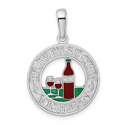 Sterling Silver De-Ani Rhodium-Plated Enameled Traverse City Michigan With Wine Pendant