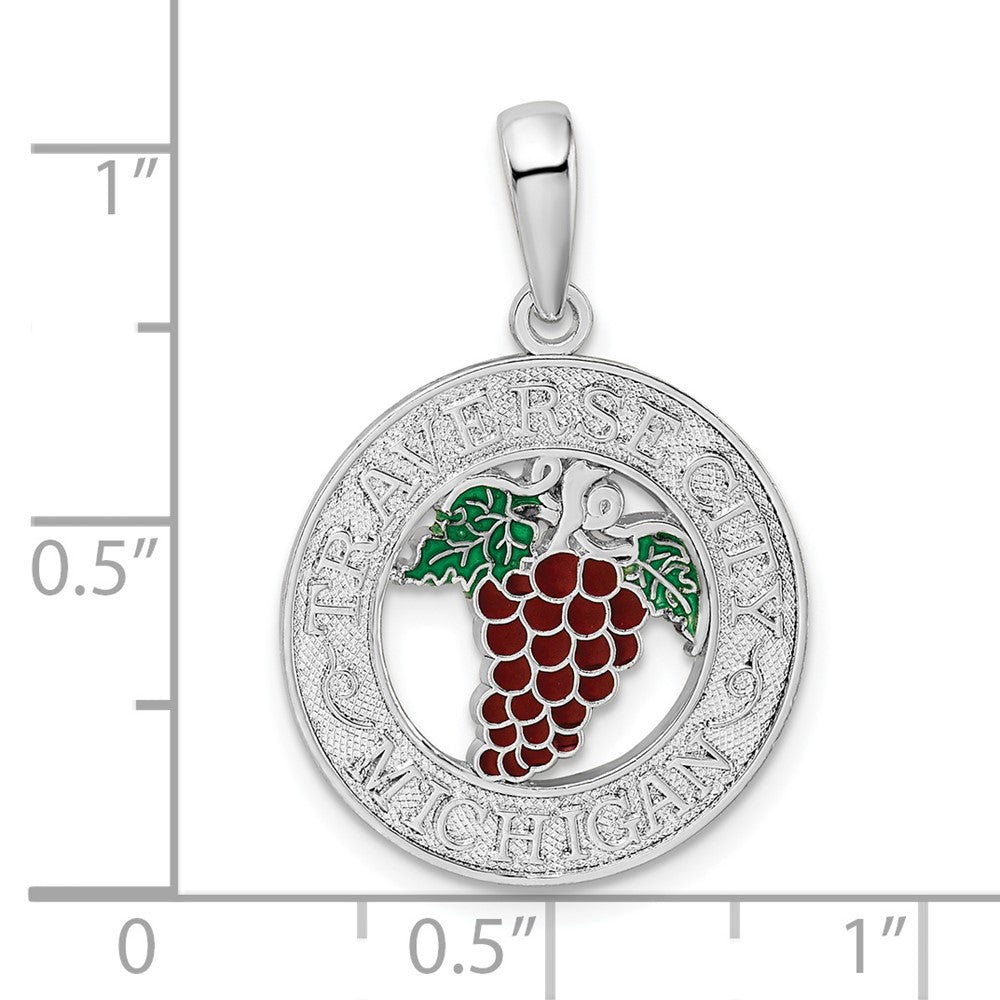 Sterling Silver De-Ani Rhodium-Plated Enameled Traverse City Michigan With Grapes Pendant
