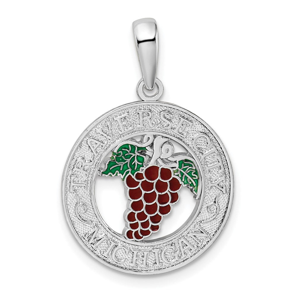 Sterling Silver De-Ani Rhodium-Plated Enameled Traverse City Michigan With Grapes Pendant