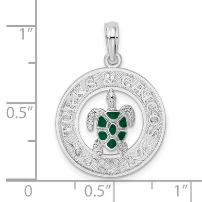 Sterling Silver De-Ani Rhodium-Plated Enameled Turks And Caicos With Turtle Pendant