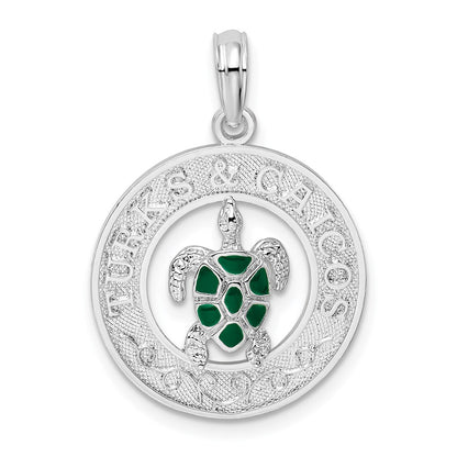 Sterling Silver De-Ani Rhodium-Plated Enameled Turks And Caicos With Turtle Pendant