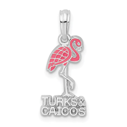 Sterling Silver De-Ani Rhodium-Plated Enameled Turks And Caicos With Flamingo Pendant