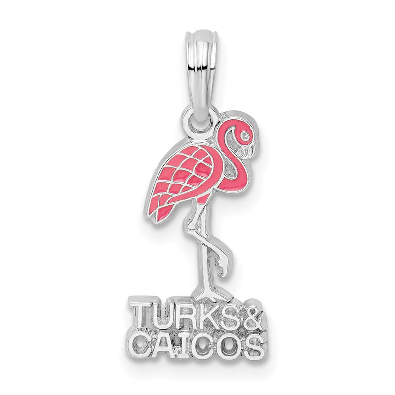 Sterling Silver De-Ani Rhodium-Plated Enameled Turks And Caicos With Flamingo Pendant