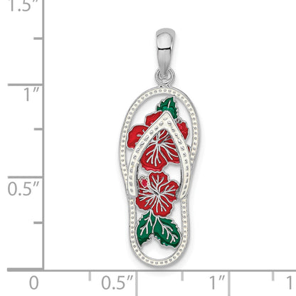 Sterling Silver De-Ani Rhodium-Plated Enameled Hibiscus Flower Flip-Flop Pendant