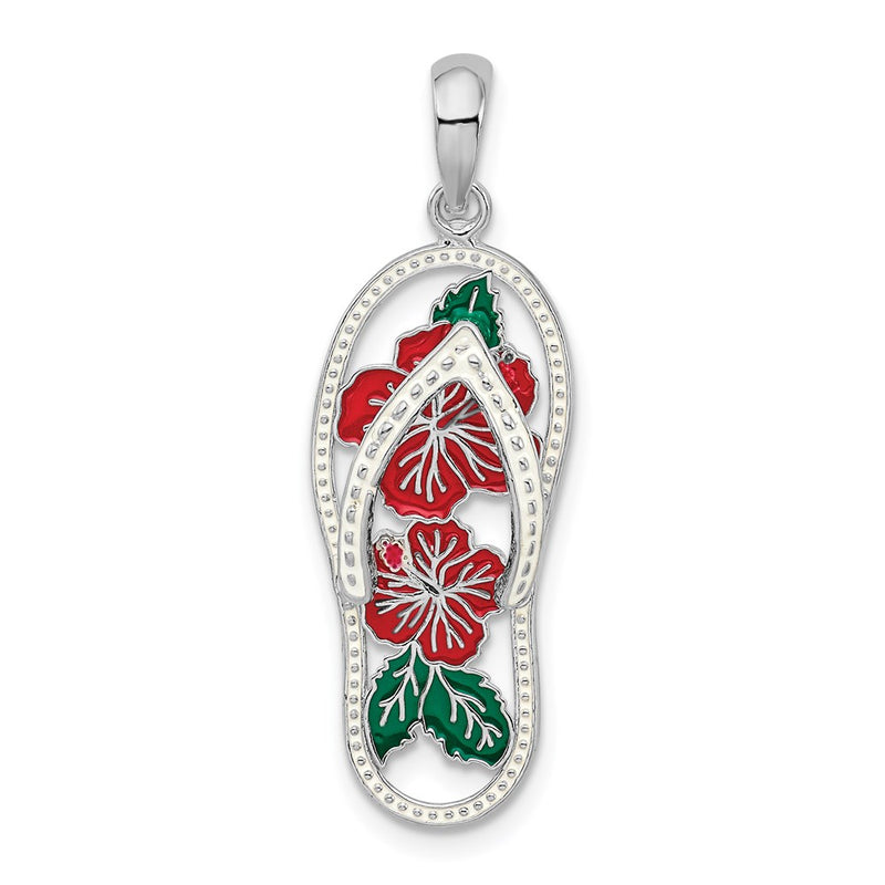 Sterling Silver De-Ani Rhodium-Plated Enameled Hibiscus Flower Flip-Flop Pendant