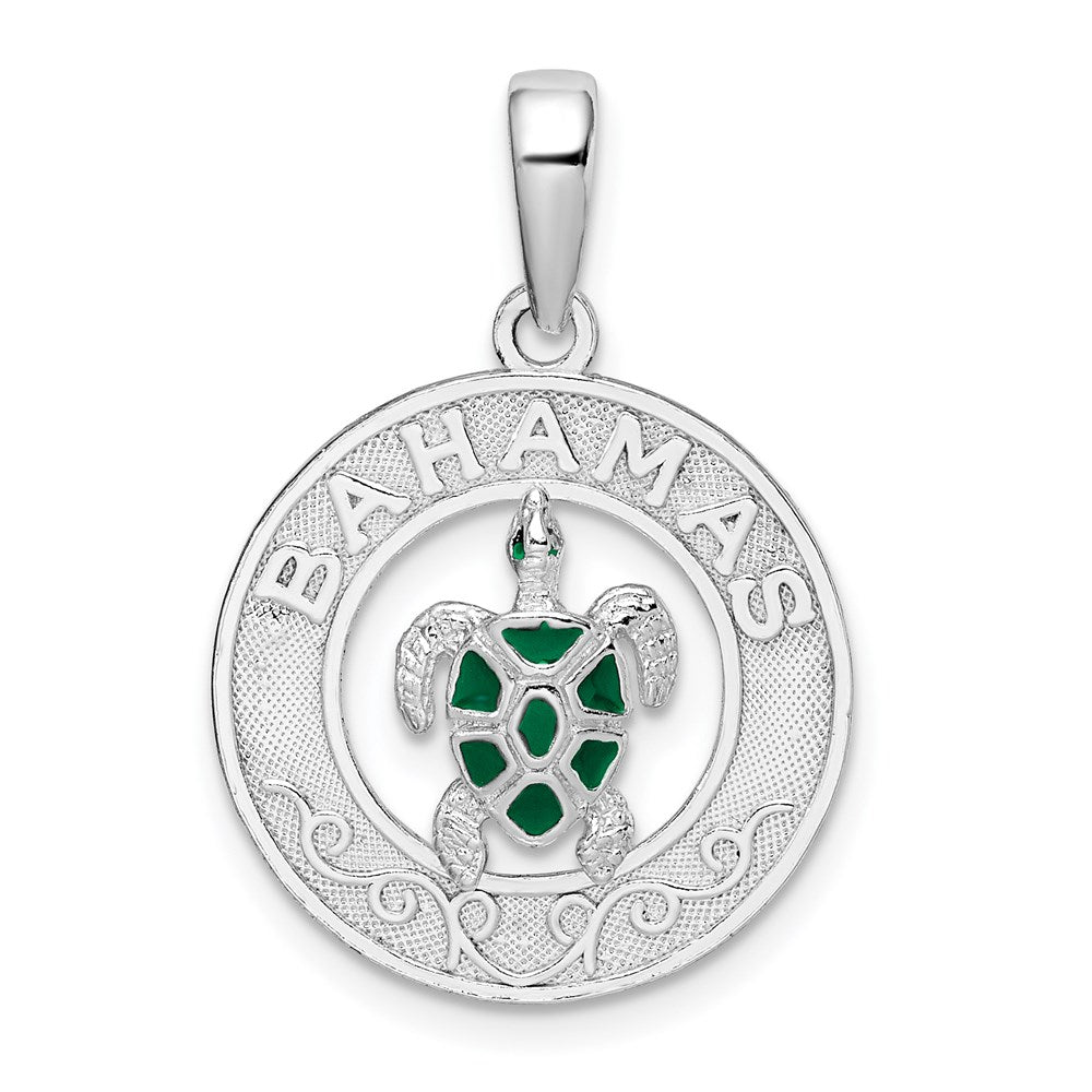 Sterling Silver De-Ani Rhodium-Plated Enameled Bahamas Circle With Turtle Pendant