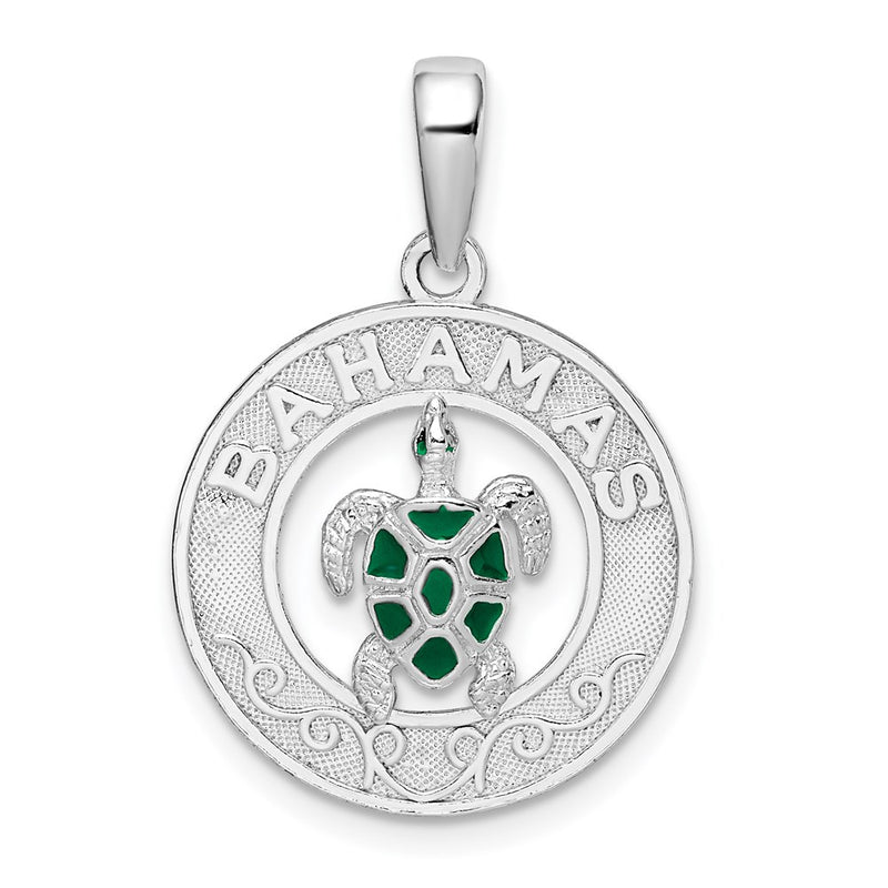 Sterling Silver De-Ani Rhodium-Plated Enameled Bahamas Circle With Turtle Pendant