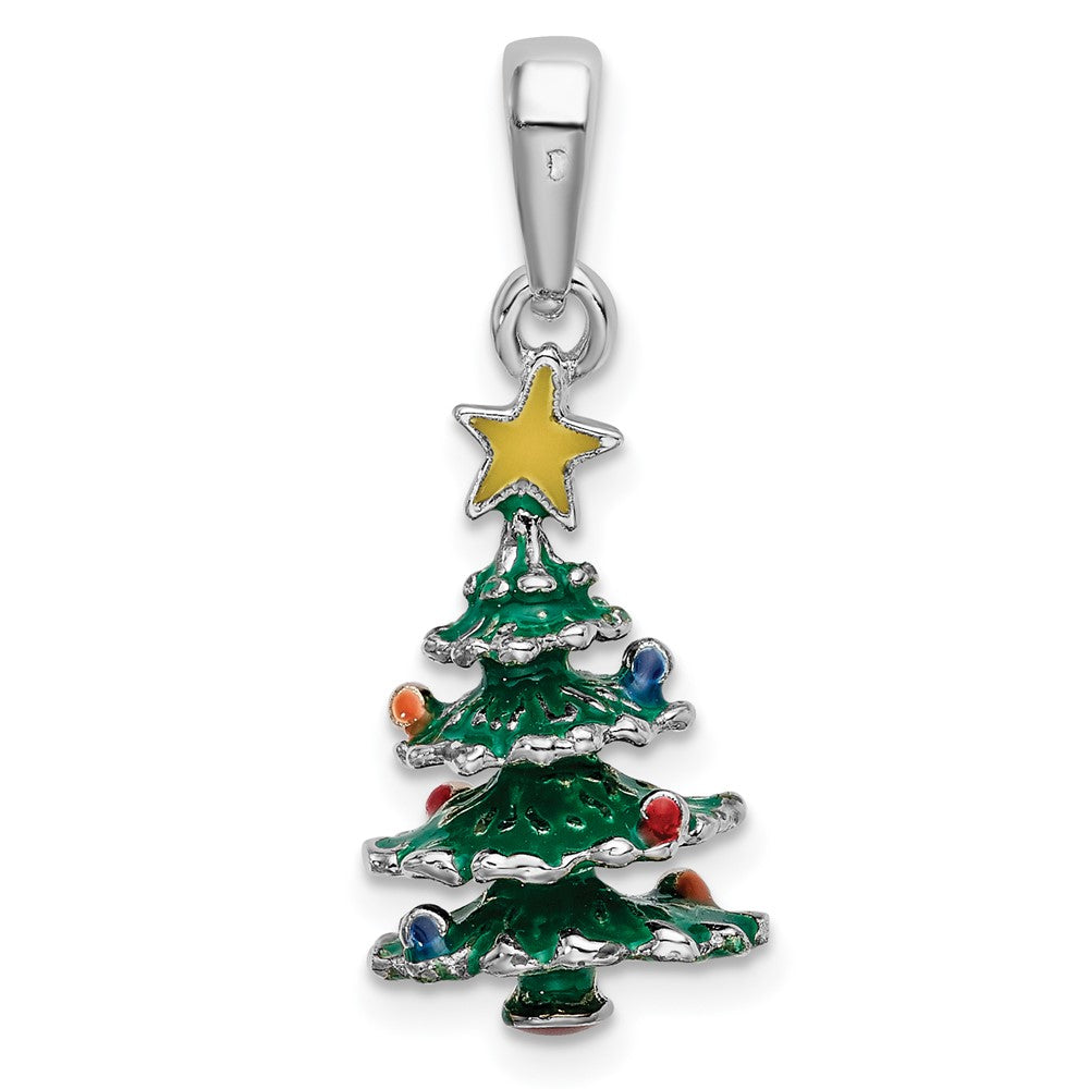 Sterling Silver De-Ani Rhodium-Plated 3D Enameled Christmas Tree Pendant