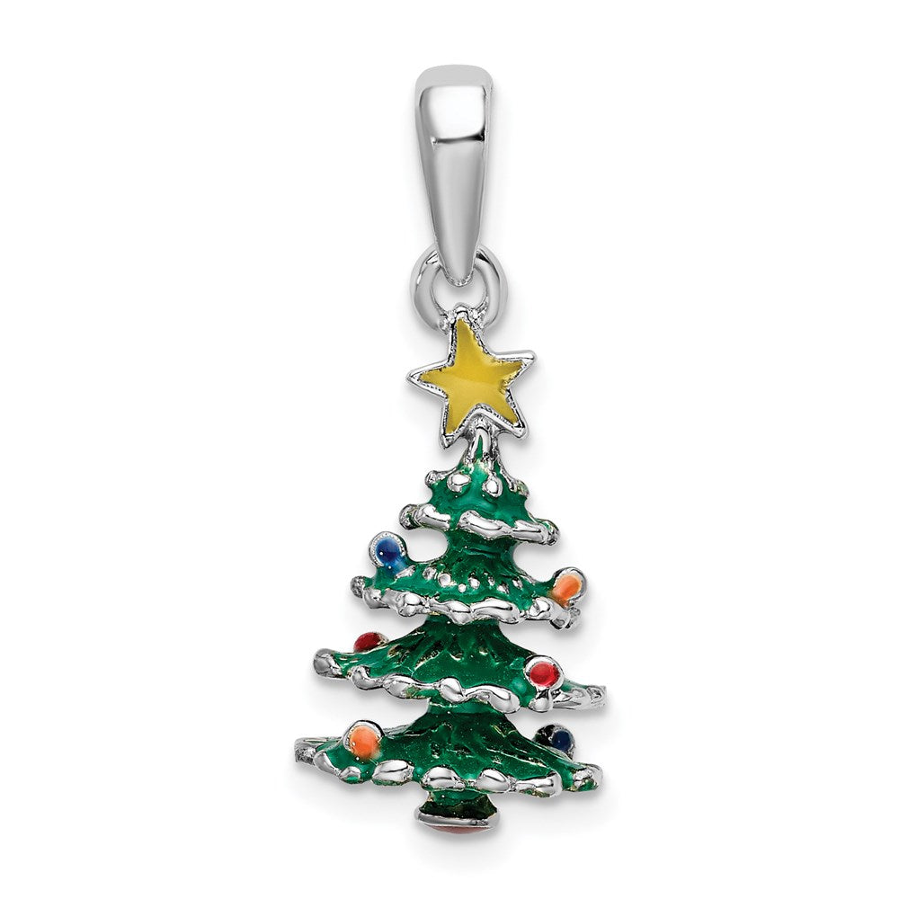 Sterling Silver De-Ani Rhodium-Plated 3D Enameled Christmas Tree Pendant
