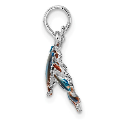 Sterling Silver De-Ani Rhodium-Plated Polished Enameled Blue Stone Crab Pendant
