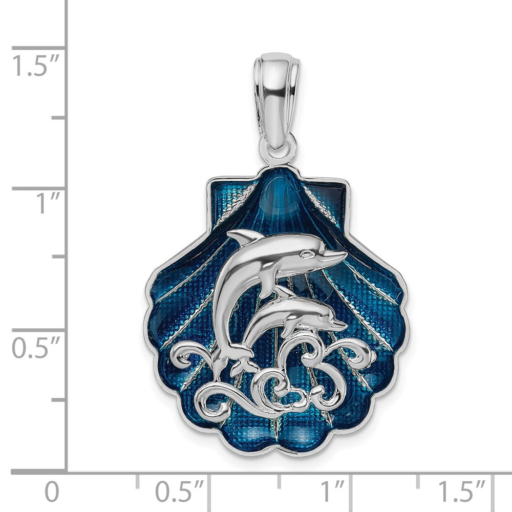 Sterling Silver De-Ani Rhodium-Plated Enameled Blue Shell With Dolphins Pendant