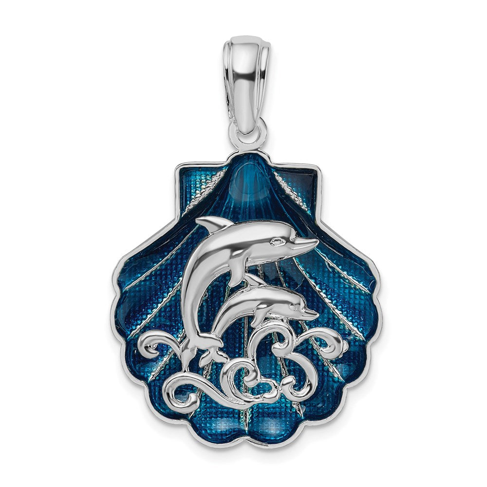 Sterling Silver De-Ani Rhodium-Plated Enameled Blue Shell With Dolphins Pendant