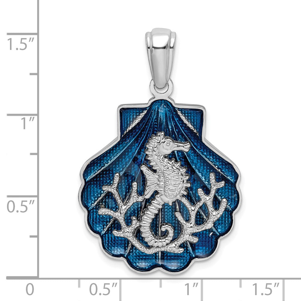 Sterling Silver De-Ani Rhodium-Plated Enameled Blue Shell With Seahorse Pendant
