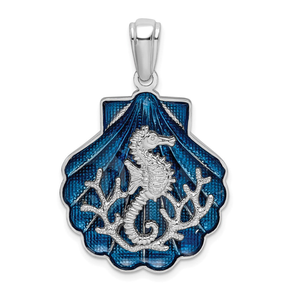 Sterling Silver De-Ani Rhodium-Plated Enameled Blue Shell With Seahorse Pendant