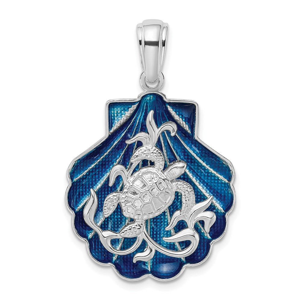 Sterling Silver De-Ani Rhodium-Plated Enameled Blue Shell With Turtle Pendant
