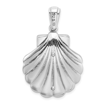 Sterling Silver De-Ani Rhodium-Plated Enameled Blue Shell With Palm Trees Pendant