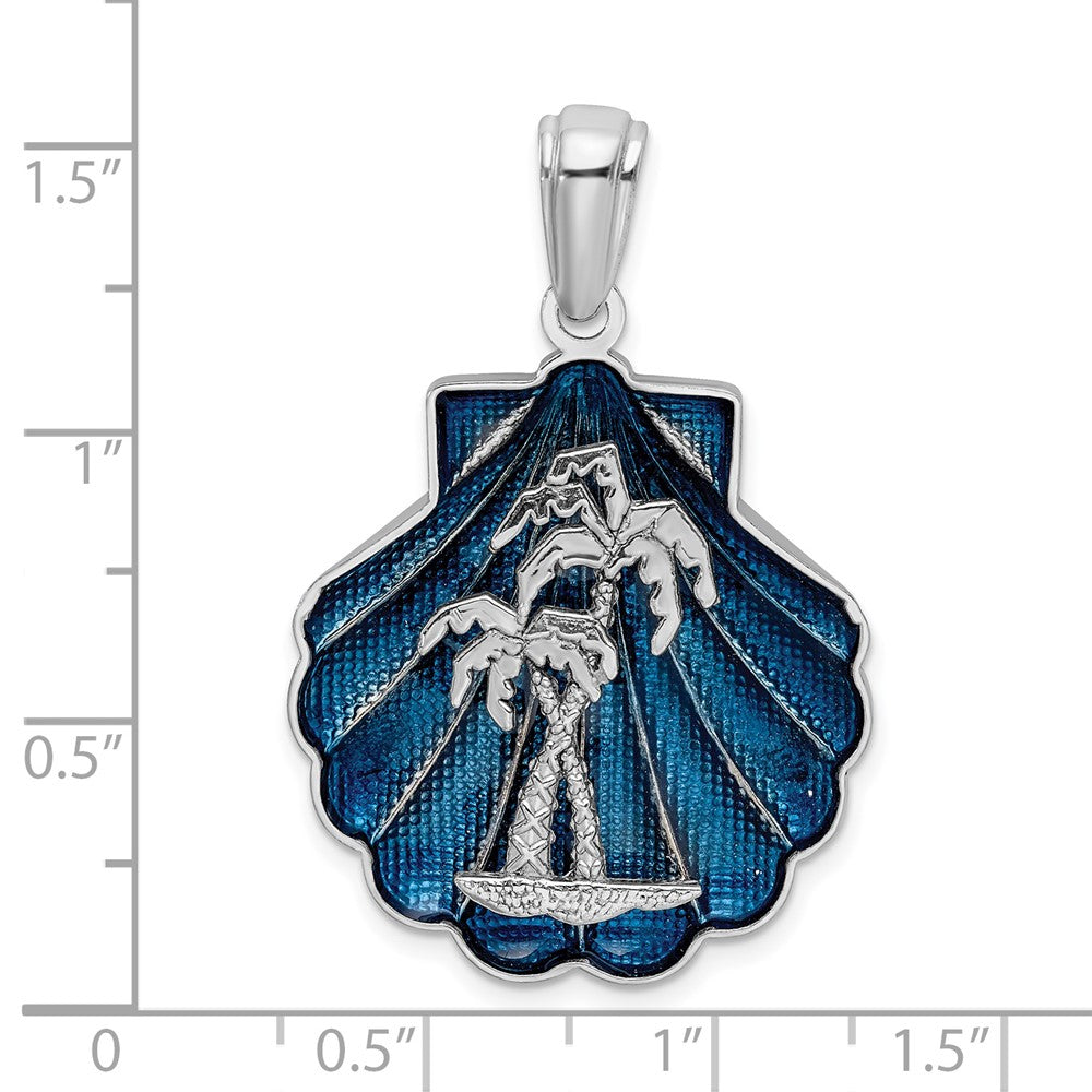 Sterling Silver De-Ani Rhodium-Plated Enameled Blue Shell With Palm Trees Pendant