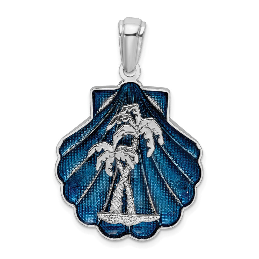 Sterling Silver De-Ani Rhodium-Plated Enameled Blue Shell With Palm Trees Pendant