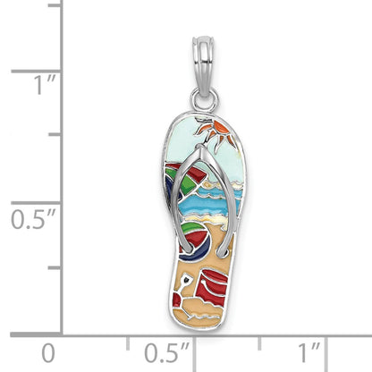 Sterling Silver De-Ani Rhodium-Plated 3D Enameled Beach Scene Flip-Flop Pendant