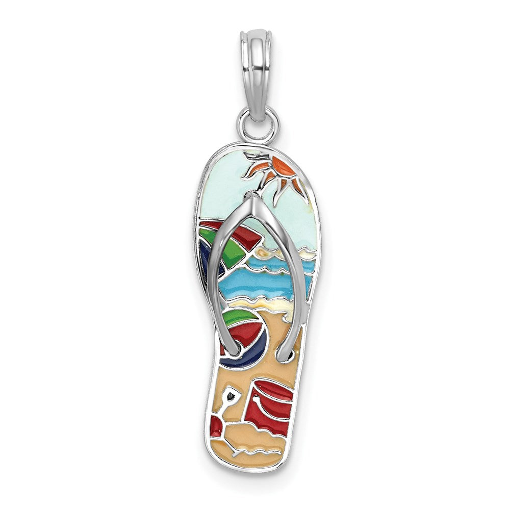 Sterling Silver De-Ani Rhodium-Plated 3D Enameled Beach Scene Flip-Flop Pendant