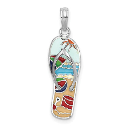 Sterling Silver De-Ani Rhodium-Plated 3D Enameled Beach Scene Flip-Flop Pendant